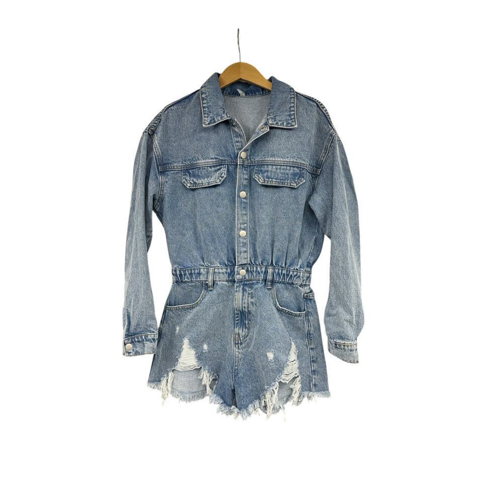 Mint Boutique Western Boho Concert Denim Snap Distressed Romper Womens Medium